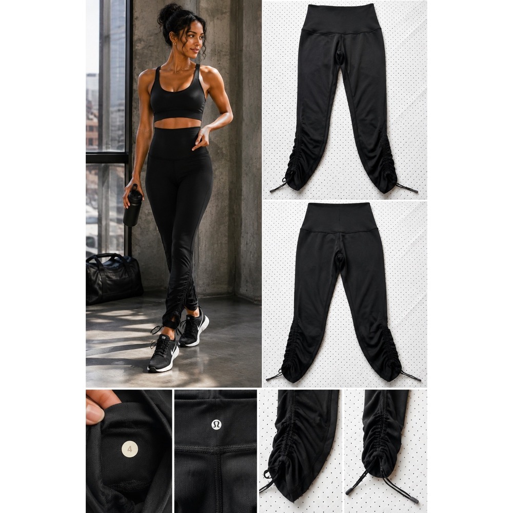Lululemon Black Ruched Bungee Hem High Rise Leggings Size 4 Mesh Detail Tights